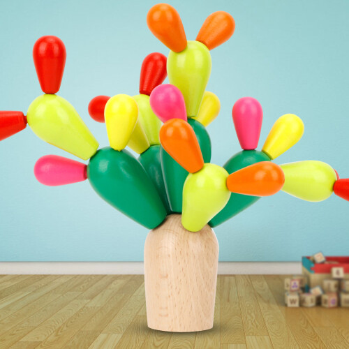 Ξύλινο παιχνίδι στοίβαξης Montessori Toys Rainbow Cactus με στοιχεία παζλ ισορροπίας και 2
