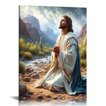 Tablou pe pânză cu Isus – Decor creștin religios, cadou de Paște pentru biserică, cameră de rugăciune, sufragerie – Înrămat din lemn