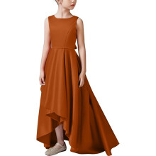 Bruidsmeisjesjurken met korte mouwen voor jonge meisjes, bloemenmeisjesjurk met vierkante hals, chiffon A-lijn galajurk, oranje, 12-13 jaar