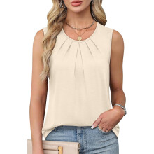 Dammode Sommar Enfärgad Rund Hals Plisserad Mångsidig Avslappnad Ärmlös Väst Beige XL