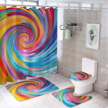 4-częściowy zestaw prysznicowy Psychodeliczny Swirl z dywanikiem antypoślizgowym, pokrywą i matą łazienkową – abstrakcyjny retro