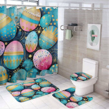4-delige paasdouchegordijnset met bijpassende vloerkleden, kleurrijke paashaasjes en eitjes als decoratie, 183 x 183 cm, geschikt voor standaard