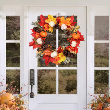 Kunstig efterårskransklistermærke 61 cm, høstgræskar og ahornbladsdesign til Thanksgiving-dekoration til hoveddøren
