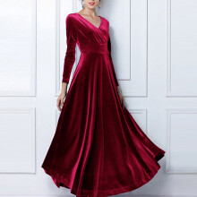 Maxi-jurk van fluweel in grote maten voor dames, lange mouwen, V-hals, vloerlengte, A-lijn model, elegante avondjurk voor feestjes en formele