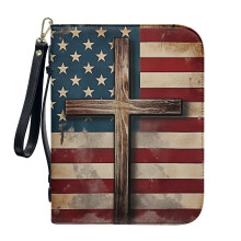 Vintage American Flag Cross PU Leather Bible Cover for Women & Men, XL, Portable with Detachable Wristlet Strap – Compatible with Standard Bibles