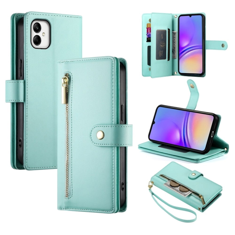 Leather Wallet Case For Samsung Galaxy A05 (6.5") Â Multi-Card Slots, Zipper Pocket, Lanyard Strap, Wristlet Green 9482726165828