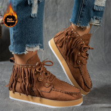 Damskie botki Willtoo w stylu retro western z frędzlami, na płaskim obcasie, z okrągłym noskiem, sznurowane, w stylu retro, eleganckie, wygodne i
