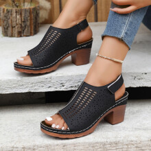 Sandali da donna Willtoo con tacco alto e punta aperta, chiusura a strappo, design traforato estivo casual per appuntamenti e vacanze, colore nero,