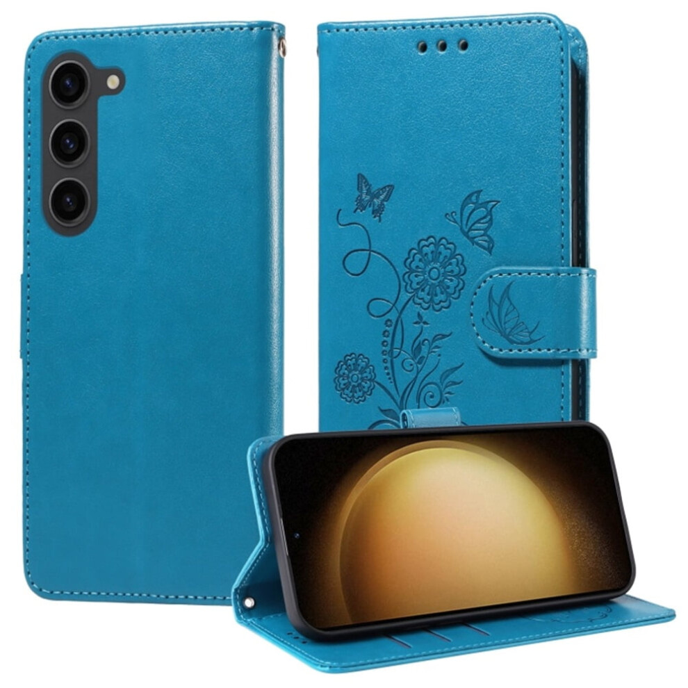 Embossed Butterfly Flower Flip Case For Samsung Galaxy S23+ 5GâShockproof, Kickstand, Card & Cash Slots Blue 9482726168492