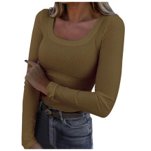 Damen Langarmshirt mit eckigem Ausschnitt, gerippt, schmal geschnitten, Basic-T-Shirt, Herbst 2025, elegant-lässig, Khaki, XXL