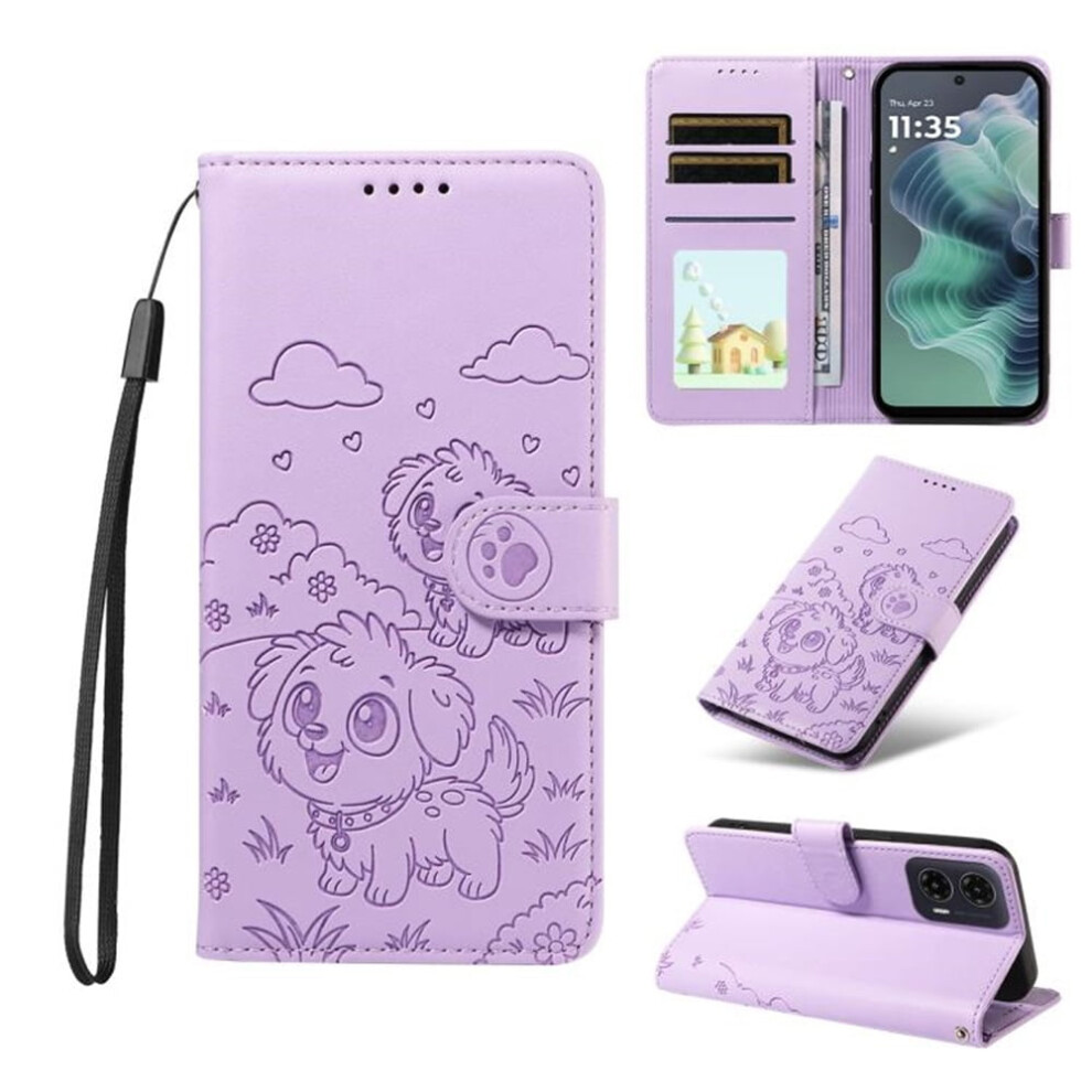 Leather Flip Case For Motorola Moto G35 5G Â Dog Embossing, Rfid Blocking, Magnetic Clasp, Lanyard & Stand Purple 9482726169284