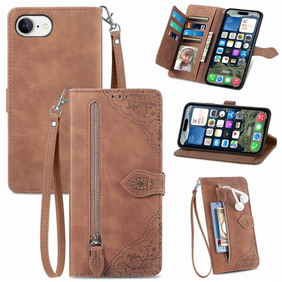 Magnetic Leather Wallet Case With Zipper, Kickstand & Wrist Strap For Compatible With Iphone 16E 6.1-Inch 9482726168027
