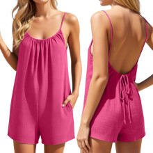Rompers for Women 2026 Sleeveless Spaghetti Straps Wide Leg Backless Shorts Jumpsuits Loose Casual Summer Overalls with Pocket