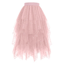 Paillettenrock für Damen, Midi-Lang, Tüllrock, Stufenrock, asymmetrischer Saum, Mesh-Einsätze, elastischer Bund, Partykleidung, Rosa, Größe M