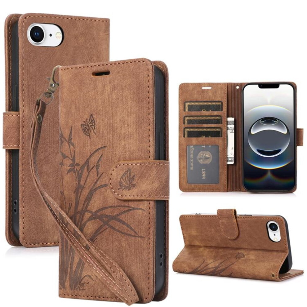 Leather Flip Wallet Case For Compatible With Iphone 16E Â Orchids & Butterflies Embossed, 3-Card Holder, Magnetic Closure, Brown 9482726168140