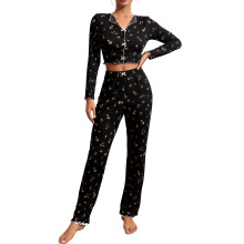 Pyjamaset met lange mouwen en lange broek voor dames - Geschikt als loungewear voor buiten - Zwart, maat M
