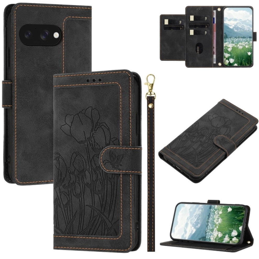 Tulip-Embossed Leather Flip Wallet Case For Google Pixel 9A Â 5-Card Holder, Magnetic Closure, Detachable Wrist Strap, Shockproof, Black 9193271127987