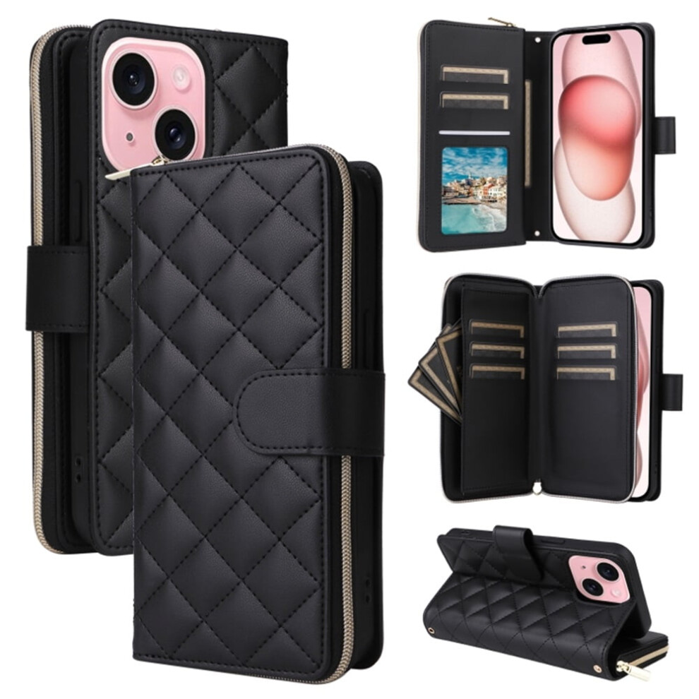Magnetic Flip Wallet Case For Iphone 15: 9-Card Slots, Zipper Pocket, Detachable Shoulder & Wrist Straps, Black 9327961770027