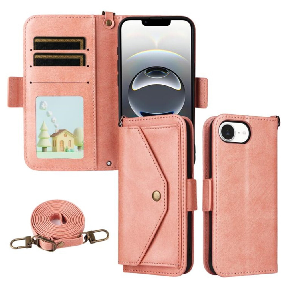Vintage Leather Wallet Case For Iphone 16E Â Shockproof, Multi-Card Slots, Hidden Button Pocket, Detachable Strap, Pink 9193271128175