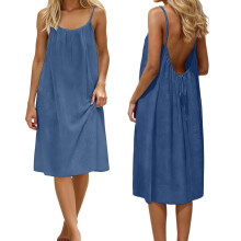 Casual jurken voor dames, zomerjurk zonder mouwen en met open rug, halflange spaghetti-jurk, losse jurk voor dames, blauwe zwierige jurk,