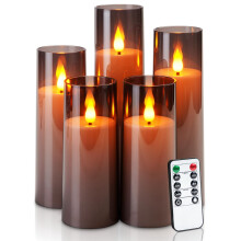 Renvita flamlösa LED-blockljus, batteridrivna, fjärrkontroll och timer, 3D-veke, gult/blått sken, D5,5 cm x H13 cm - 20 cm, 5-pack