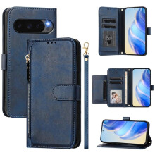 Schutzhülle mit Kartenfächern für Google Pixel 10 (6,3 Zoll), aus Leder, blau, für Damen und Herren, mit Reißverschluss, mehreren Kartenfächern