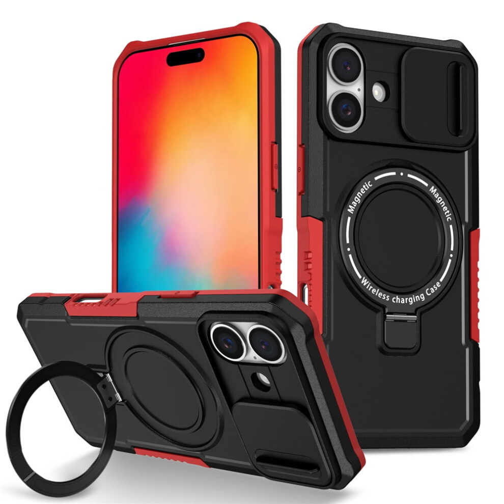 Iphone 16 Plus 6.7" Case Â Sliding Camera Cover, Magsafe Compatible, Shockproof, Hidden Kickstand & Ring Holder, Black/Red 9482726170099