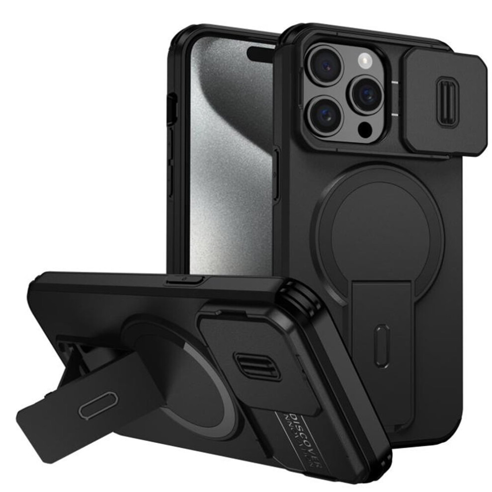 Iphone 15 Pro 6.1" Case: Magsafe Wireless Charging, Invisible Fold Stand, Sliding Camera Cover, Shockproof & Dropproof, – Compatible With Black 9353595684522