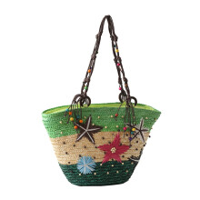Handbestickte Strohtasche mit Seesternmotiv für Damen, Strandtasche im Boho-Stil für Urlaub, Reisen und Alltag (Grün)