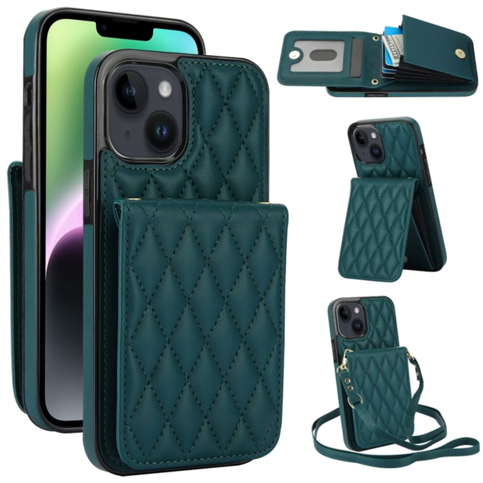 Pu Leather Rfid Wallet Case For Iphone 14 Plus Â Magnetic Flip, Multi-Card Slots, Detachable Strap, Argyle Pattern Green 9327961774445