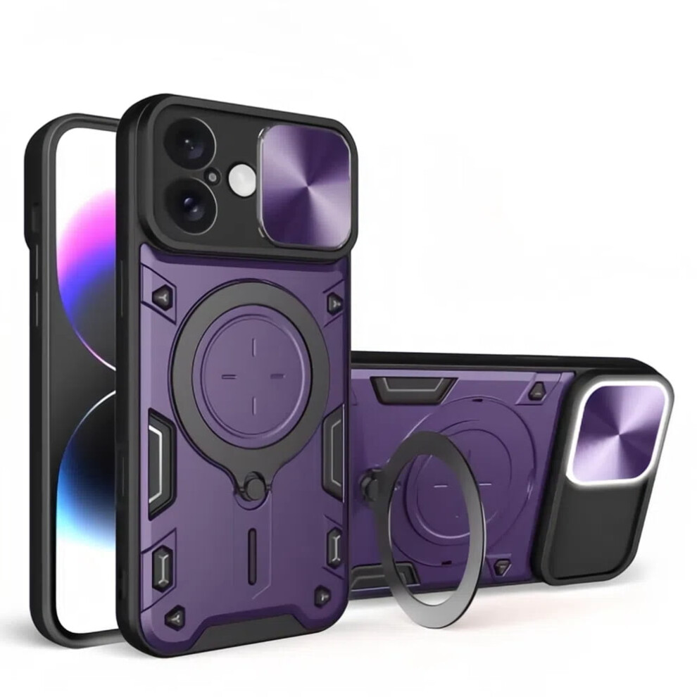Heavy Duty Case For Iphone 16 6.1", Sliding Lens Cover, Magnetic Car Mount, Rugged Pc+Tpu Shockproof Case, Purple 9353595684829