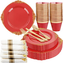 175PCS Red Plastic Plates Set w/ Cutlery & Cups for 25 Guests – Red Gold Party Supplies, Wedding & Independence Day – Compatible with Standard