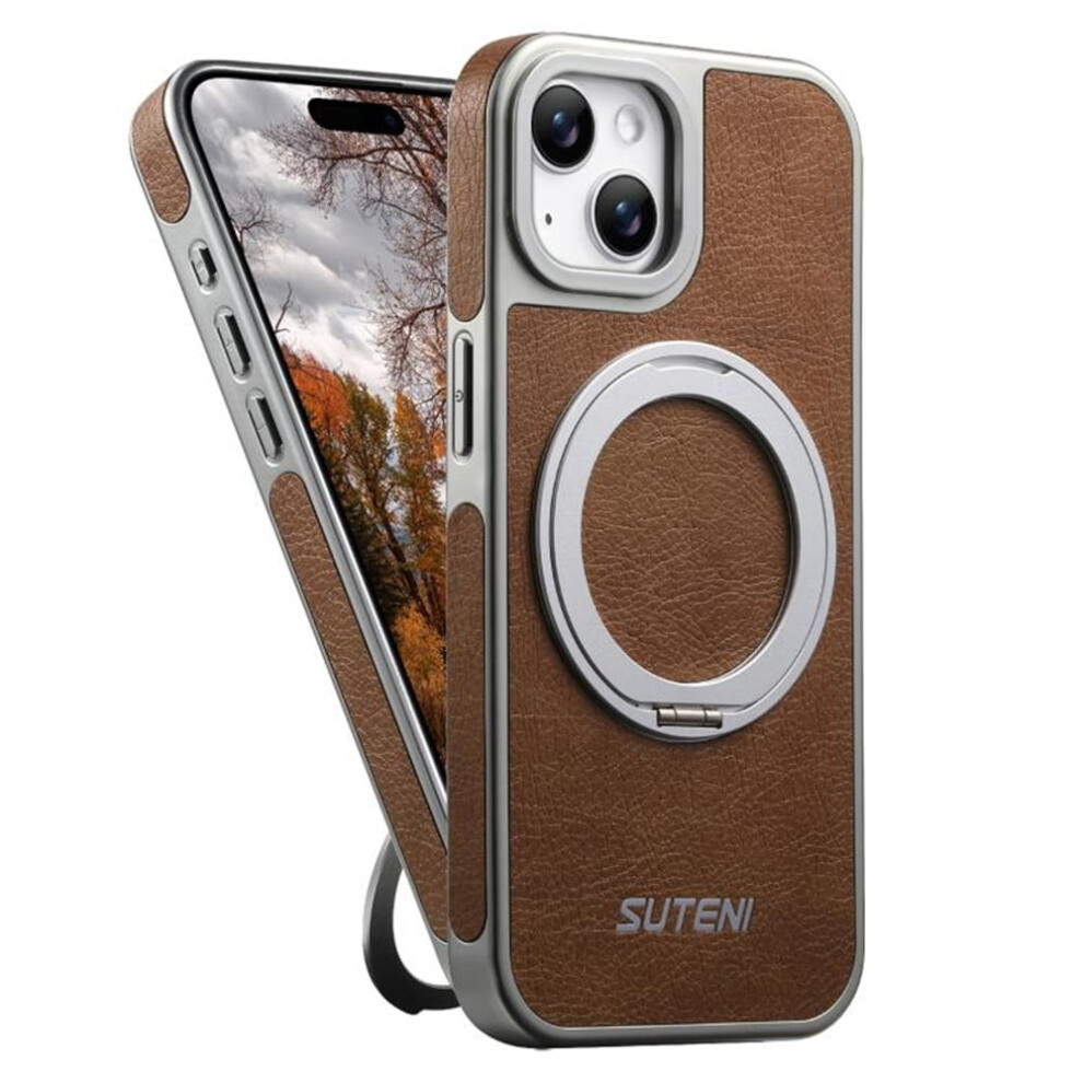 Leather Case For Iphone 14 Â Magsafe Compatible, Wireless Charging, Military-Grade Protection, 360 Rotating Ring Holder, Khaki 9327961771130