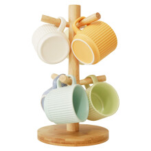 Mug Holder, Coffee Mugs Holder, Mug Tree, Wood Coffee Cup Rack with 6 Hooks Stand for Countertop Coffee Bar Accessories and Decor, Natural Color