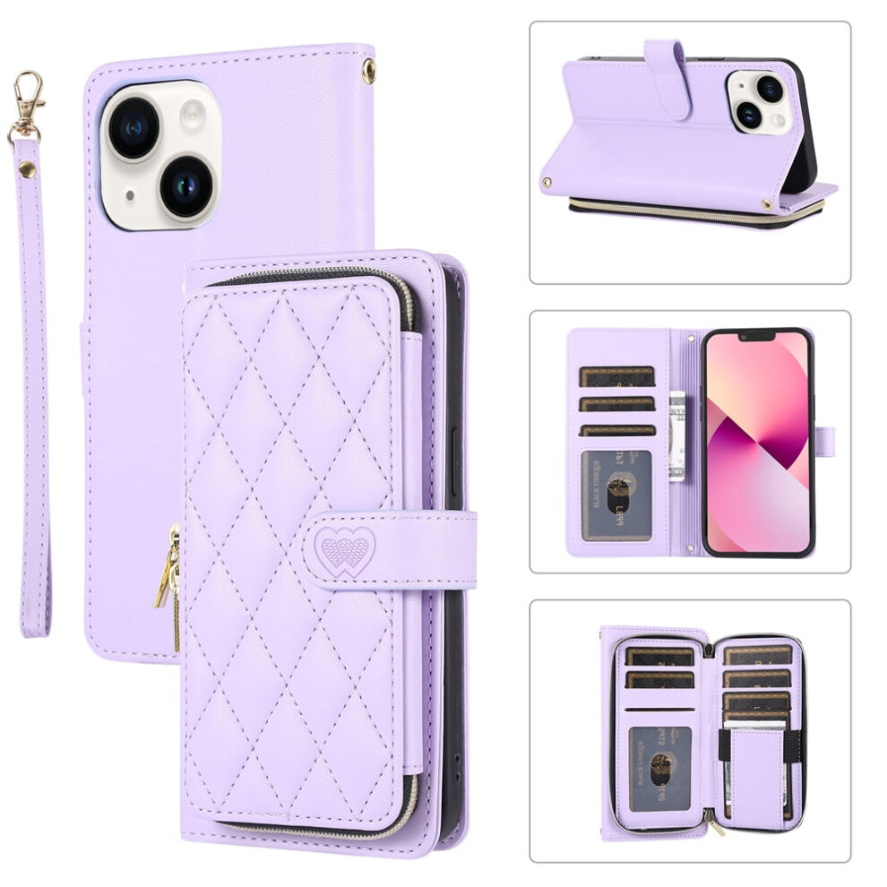 Luxury Leather Wallet Case With Wrist/Shoulder Strap, 9 Card Slots & Zipper Purse For Compatible With Iphone 15 (6.1") Â Purple 9327961772311