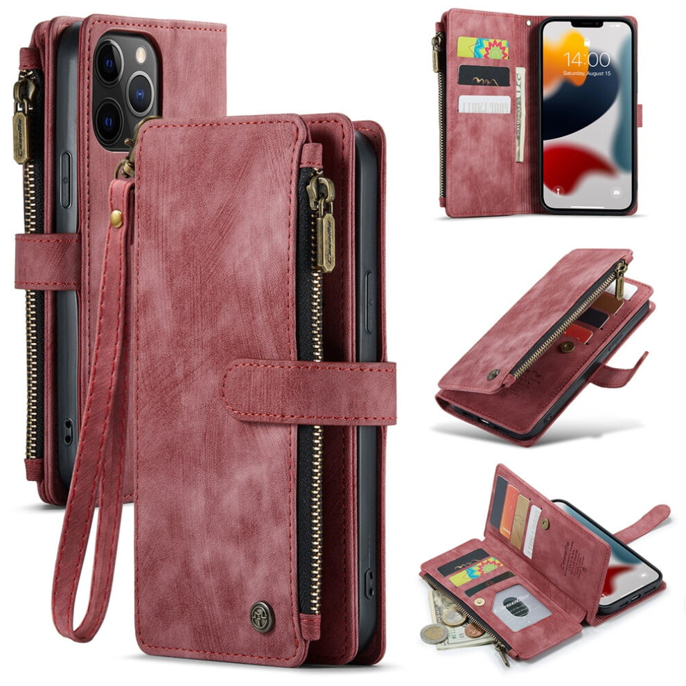 Caseme Wallet Case For Iphone 12 Pro MaxâPu Leather, Magnetic Flip, Lanyard Strap, Zipper Card Holder, Red 9327961772069