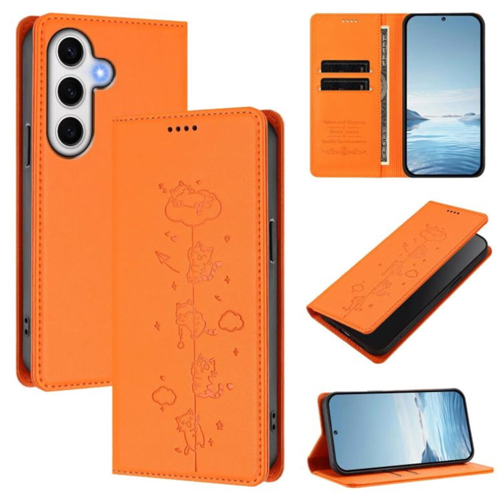 Leather Flip Wallet Case For Samsung Galaxy S24 Fe 5G Â Rfid Blocking, Playful Cats Emboss, Magnetic Closure, Card Holder, Orange 9327961773127