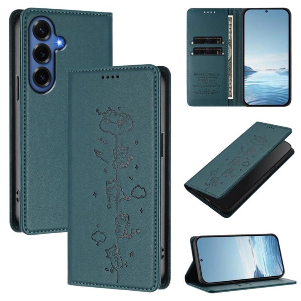 Leather Flip Wallet Case For Samsung Galaxy A16 4G/5G Â Rfid Blocking, Cat-Embossed, Magnetic Closure, Card Holder, Dark Green 9327961773561