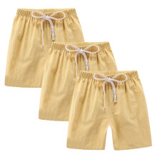 Peutershorts voor jongens en meisjes, 3-pack, katoen-linnen zomerse casual shorts, effen sportshorts met trekkoord, geel, 2-3 jaar