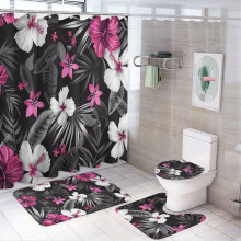 Juego de 4 piezas de alfombra de baño con diseño de hojas tropicales, cortina de ducha, funda para la tapa del inodoro y alfombrilla antideslizante
