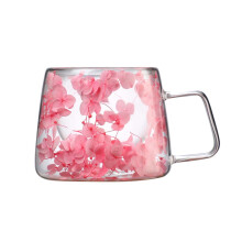 WZXPWT Doppelwandiger Glasbecher „Ewige Blumen“, 200 ml, isolierter Becher mit konservierten Blumen – hitze- und kältebeständig, echtes