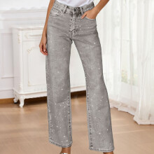 Women's High-Waisted Straight Leg Rhinestone Jeans Grey
