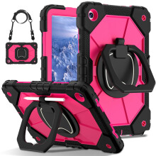 Robuuste schokbestendige hoes voor Samsung Galaxy Tab A9 8,7" (2023, SM-X110/X115/X117) – Draaibare standaard, penhouder, schouderriem, zwart+roze