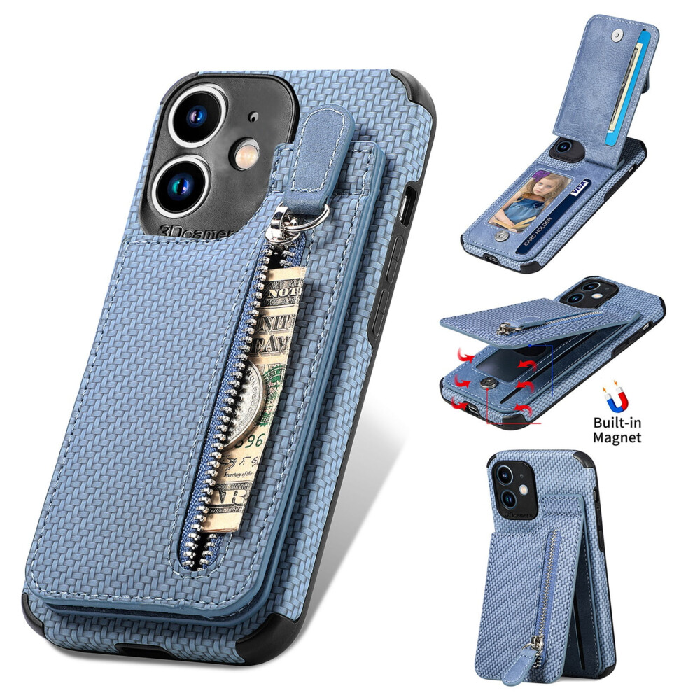 Leather Wallet Case With Zipper & Card Slot For Compatible With Iphone 11 (6.1") Blue 9482726170983
