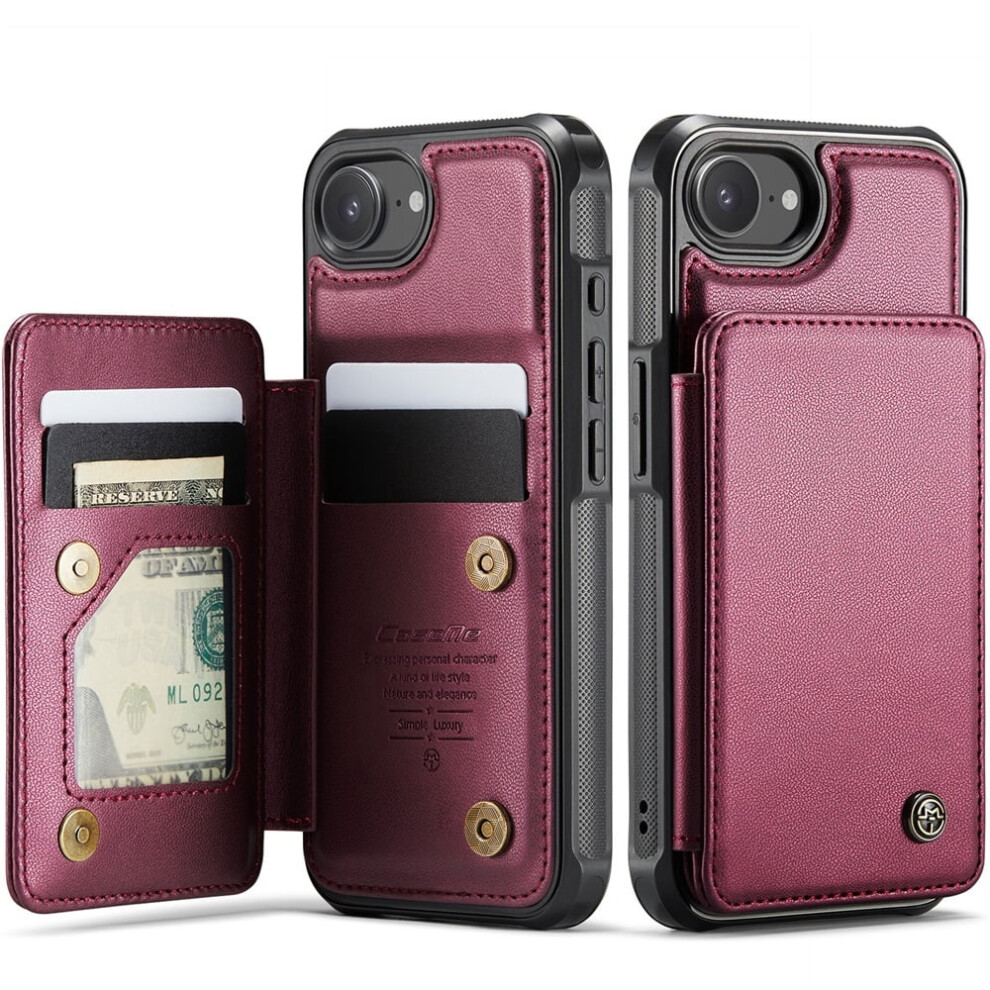 Caseme Leather Wallet Case For Iphone 16E Â Rfid Blocking, Magnetic Clasp, Kickstand, Shockproof, Wine Red 9482726171041