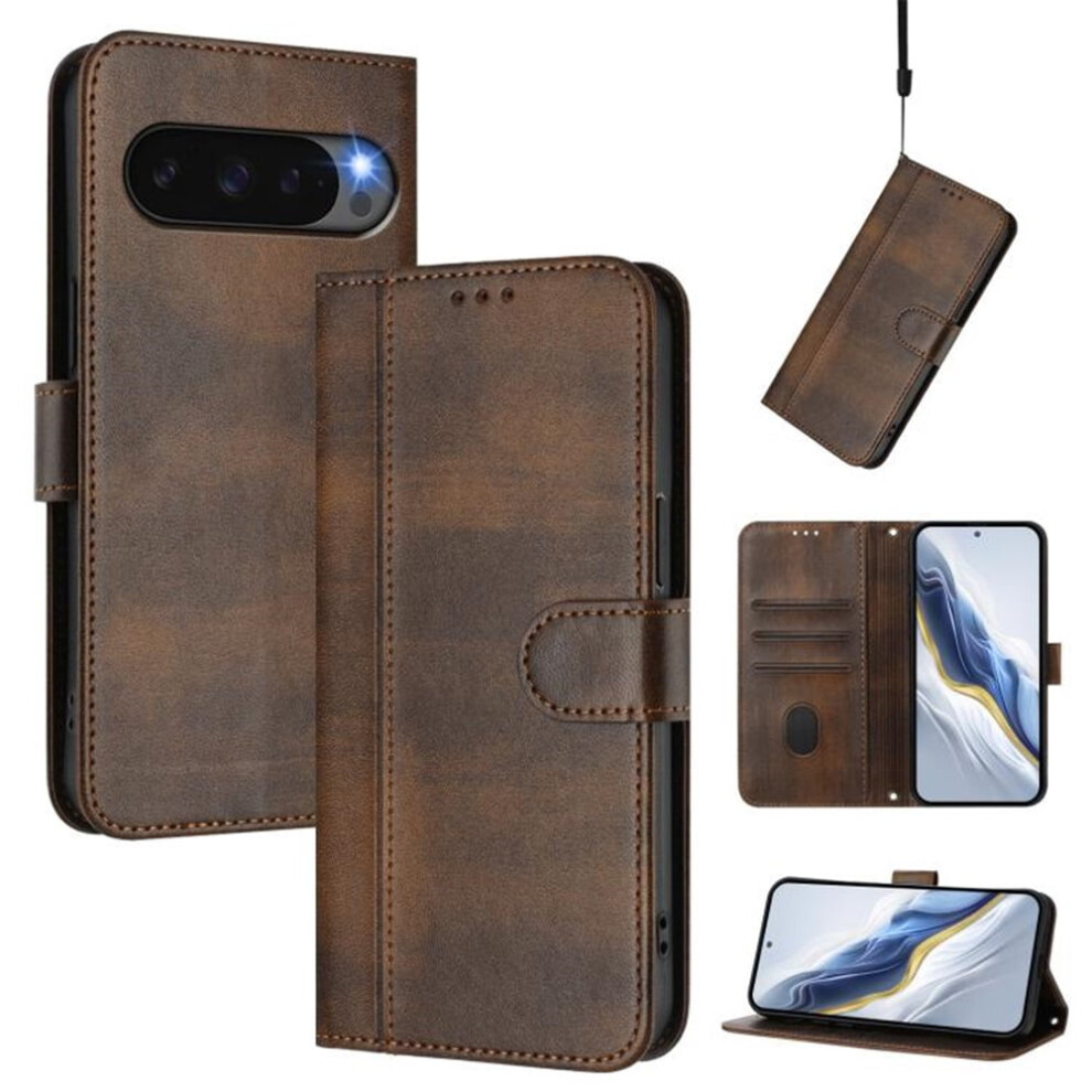 Flip Leather Tpu Wallet Case With Card Holder & Wrist Strap For Google Pixel 10 Pro 6.3", Shockproof Brown 9482726170662