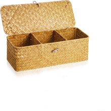 Toiletpapierhouder van zeegras met deksel, rechthoekige handgeweven rieten opbergdoos voor badkamer, dressoir en planken (32 x 12 x 11 cm,