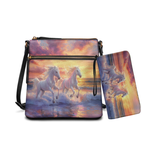 Σετ Γυναικείων Τσαντών Hobo Crossbody με Στάμπα Horse Sunset και Θαλασσί Στάμπα – Δερμάτινο