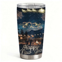 Frohes Neues Jahr 2026! Isolierter Edelstahlbecher mit Deckel, Reisebecher mit Winterfeuerwerk-Campingmotiv