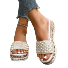 Women's White PU Leather Beach Sandals Slip-On Boho Slides